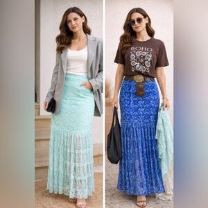 Bundle Lace Maxi Skirt Aqua Cobalt Blue Gypsy Boho Cottagecore whimsical Romanic